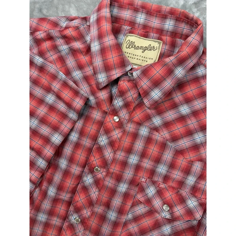 Wrangler Western Shirt Men's 2XL Red Plaid Pearl Snap Short Sleeve‎ Cowboy Rodeo